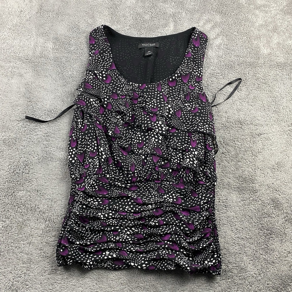 White Hous Black Market Sleeveless Top Womens XS Black Purple‎ Ruffles Shirred